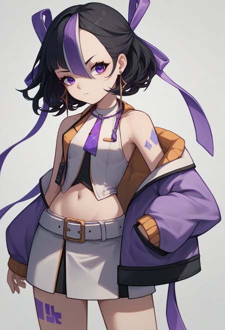 score_9, score_8_up, score_7_up, source_anime BREAK 1girl, solo, standing, <lora:syuen-nikke-richy-v1_pdxl:1> syuen, purple eyes, black hair, streaked hair, short hair, bangs, hair ribbon, earrings, purple jacket, necktie, detached sleeves, sleeveless, crop top, navel, midriff, skirt, belt, leg tattoo