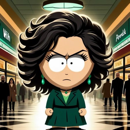 negative space, establishing shot, 
cinematic concept art of  
wind, breaking bad style, face of Marie Schrader, dark hair, fair complexion, slim, elegant
SouthParkRay
framing device, rule of third, detailed. 
backdrop is a middle of a busy mall.
South Park