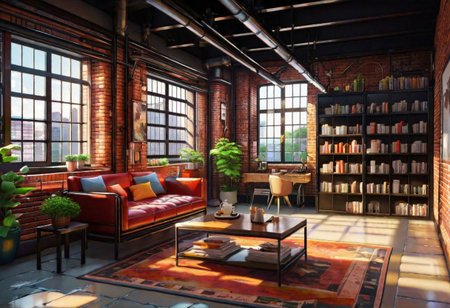 anime-style, an industrial-style interior with red brick walls and large windows, a  study, Sofa, coffee table, bookcase, single wall, 
warm light morning sun, the view of the city