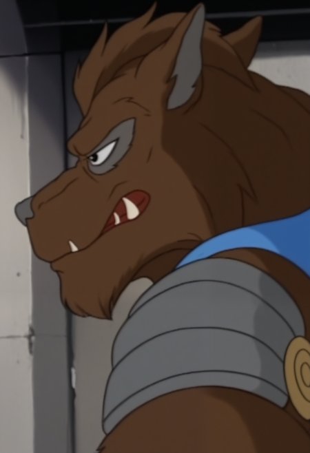 masterpiece,best quality,amazing quality, 1boy, solo, r4hz4r, werewolf, brown fur, black eyes, shoulder armor, torn blue cape, close up, side angle, outdoors, smug,