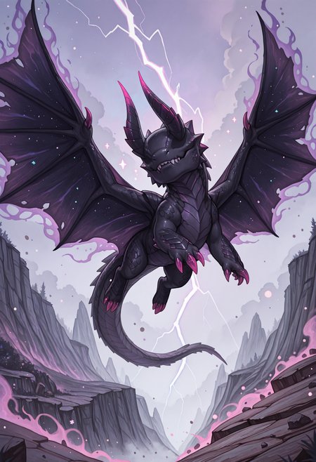 (incredibly_absurdres, amazing_background, best quality, pastel_colors, bright_colors, colorful, soft_colors, sparkle, shiny, glowing, fantasy, star_(symbol), detailed_background, detailed_eyes, stylized, watercolor_(medium)) 
(snra-illu, (chibi), scalie, lightning, glowing, outdoors, dust_cloud, fog, cliffs, debris, wind_lift, swirling, (dark_aura:1.2), (magic, magic_user:1.2), black_body, close-up, flying, iridescent_scales, (two_tone_scales:1.2), gore_magala, claws, teeth, tail, horns, no humans, solo, wings, no eyes)