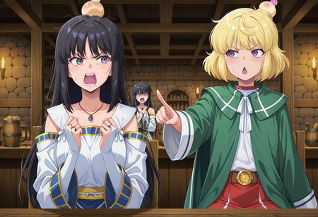 anime screencap, anime coloring, 2girls, upper body, head bump, sitting, indoors, tavern, angry, looking to the side, 1girl, black hair, long hair, pendant, green eyes, white dress, long sleeves, wide sleeves, detached sleeves, bare shoulders, bridal gauntlets, hands up <lora:viki_illus:0.6>
BREAK
anime screencap, anime coloring, 2girls, upper body, head bump, sitting, indoors, tavern, angry, looking to the side, 1girl, blonde hair, purple eyes, red skirt, striped clothes, short hair, long sleeves, belt, white shirt, green cloak, wide sleeves, pointing at another, chestnut mouth,  <lora:Carrie_Eiyuden_illus:0.6>, masterpiece, best quality, amazing quality, very aesthetic, absurdres, highres, newest