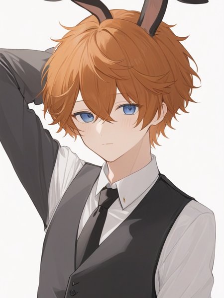 <lora:å¬å­:1>ï¼1boy, male_focus, blue_eyes, solo, bangs, orange_hair, simple_background, animal_ears, black_necktie, white_background, black_vest, necktie, shirt, hair_between_eyes, vest, upper_body, rabbit_ears, white_shirt, closed_mouth, alternate_costume, fake_animal_ears, short_hair, arm_up, collared_shirt