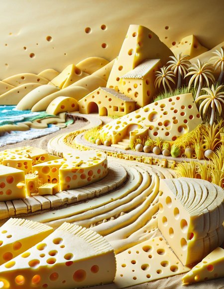 cheeselora, beach, landscape, made of cheese
