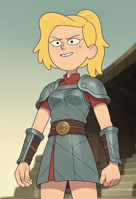 score_9, score_8, score_7, score_6,
triplevexx, solo, sasha waybright, blonde hair, ponytail, black eyes, mole under eye,
Character Description: A muscular woman with a fierce expression and braided hair.
Outfit: A battle-worn gladiator armor with intricate engravings and a flowing cape.
Action: She is raising her sword triumphantly after winning a duel.
Background: The sandy arena of an ancient coliseum, with cheering spectators blurred in the background.
Composition Details: Dramatic, low-angle lighting highlights her strength and victory, with a close-up shot that captures the intensity in her eyes and the gleam of her sword.