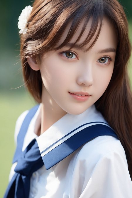 High detail RAW color sensual photo of 18 yeays old girl japan student uniform with perfect face and perfect bright eyes, pale skin and freckles,  perfect face,(symmetrical eyes)
(detailed facial features:2),
(((Japanese high-school uniform ))),
brown eyes, blush, brown hair,  long hair, looking at viewer, medium breasts,  school background, smile, solo,   incredibly absurdres, best quality,
(full body),(photorealistic:2),(high contrast),(Texturing Realistic Skin:2)
<lora:PrgXL_V1:0.45>