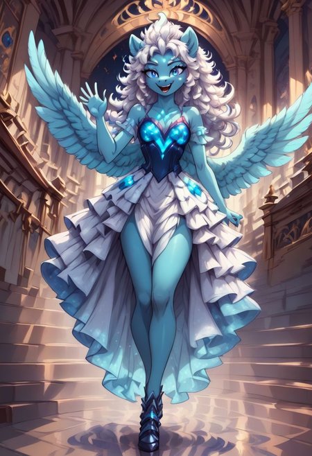 score_9, score_8_up, score_7_up, anthro,
(((fleetfoot, pegasus, spread wings, (((white mane, Light arctic blue skin, fuchsia eyes))))))
facing viewer, front view, female focus, view from chesthight,
g5, pony, female, mare, tail, dock, solo, 1girl, highly detailed, beautiful, detailed eyes, detailed fur, beautiful eyes, (tall), ((perfect body proportions)), (beautifull long legs),
small breasts, show accurate skin colour,
long hair, fluffy hair, biggest hair,
(((walking ((down)) a grand staircase))), (((waving to viewer))), ((happy, excited, smiling at viewer invitingly)),
(((wearing a beautiful, eyecoloured, bioluminescent, shoulderfree ballgown))), glowing ballgown,
BREAK,
highly detailed background, (((nighttime))), night
inside Canterlot castle, ballroom, ((grand staircase)), mirror marble floor, (((dimmed lights in the room))),