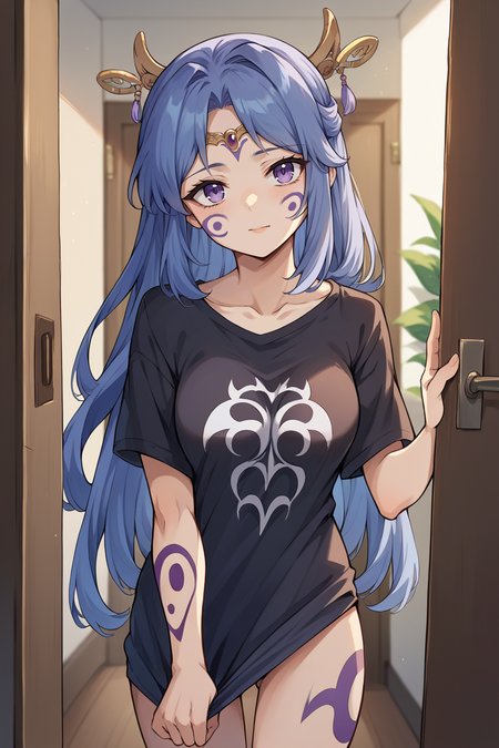 score_9, score_8_up, score_7_up, score_6_up, source_anime BREAK 1girl, solo   <lora:tialuna-pdxl-nvwls-v1-000006:1> tialuna, blue hair, purple eyes, facial mark, tattoo, circlet, hair ornament, black t-shirt, bottomless, shirt tug, doorway, bedroom, looking at you