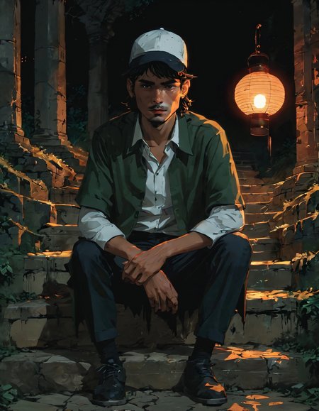 hyperrealistic top view dark and gritty impactful paint of a ectomorphic colombian melancholic male scientist wearing a umbrella hat and hugo boss clothes  sitting on the steps of an ancient ruin, long forest green hair, outside in Palau at dawn fall, inspired by futuristic anime, (lantern-lit path:1.6)<lora:The_Pulp_Session:0.90>