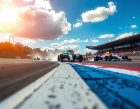 Ground level view of a Formula One race, capturing the intense speed and motion. The camera is positioned at the edge of the track, showing the sleek, aerodynamic cars zooming past in a blur of color and light. The background is a modern racetrack with grandstands filled with cheering fans, and the sky is a vibrant blue with scattered clouds. The cars are in vivid detail, with their sponsor logos and reflective surfaces catching the sunlight. The scene is dynamic, with sparks flying as the cars navigate tight turns. Photorealistic style and high contrast to emphasize the adrenaline and energy of the race.