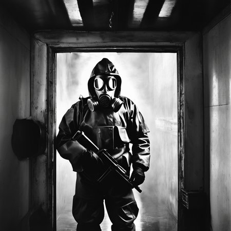 (An old black and white photo of A man in a biohazard suit and gas mask in liminal space:1.2), eerie feeling