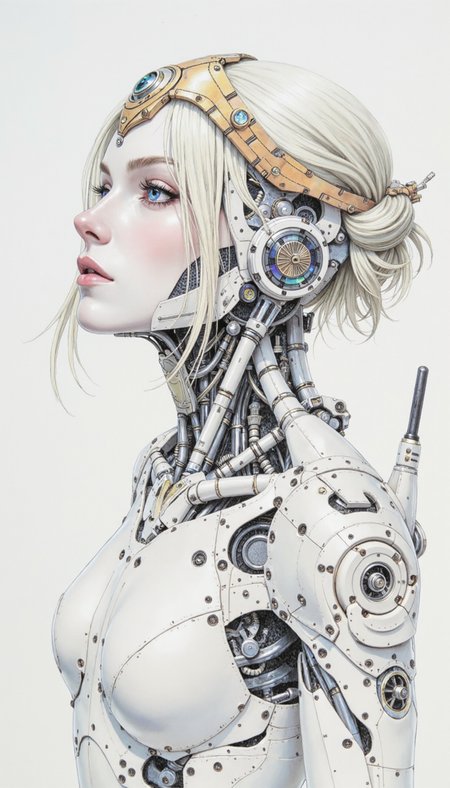 watercolor style,ARCHSLRA,a hand-drawn sketch and watercolor style,drk,intense opalescent inlay style, A medium shot of a female cyborg with alabaster skin and platinum blonde hair, adorned with an intricate, gilded headpiece. The image exudes hyperrealistic detail, showcasing the juxtaposition of delicate features and intricate mechanical augmentations. Focus on the cyborg's melancholic gaze, directed slightly upwards, hinting at a subtle longing or introspection. Emphasize the contrast between the smooth, porcelain-like texture of her skin and the cold, metallic precision of her cybernetic enhancements, particularly the intricate network of wires and gears that snake across her back and around her right arm. Utilize a soft, ethereal lighting scheme to highlight the subject's beauty and enhance the otherworldly atmosphere. The background should be stark white, providing a clean, clinical backdrop that further accentuates the cyborg's presence.