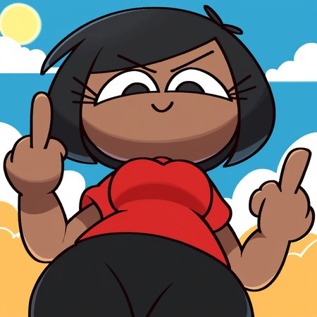 zPDXL, flat colors, cel shading, vector, detailed background, blue background, clouds, sun, 1girl, solo, rob_(\vilepluff\), dark skin, eyelashes, medium breasts, black hair, bob cut, red shirt, short sleeves, grey pants, thick thighs, looking at viewer, \small head, middle finger, from below, <lora:RobVile:1>
