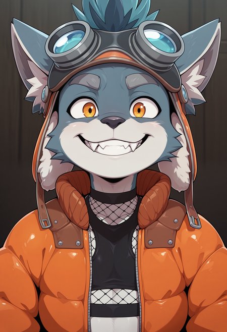 masterpiece, best quality, amazing quality, 1boy, solo, BrewsterDL, Orange Jacket, Fishnet Top, Hat, close-up, smile, fangs