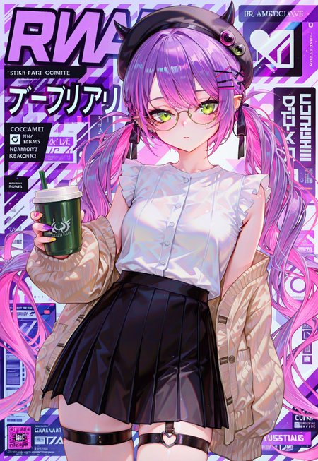 safe_pos, tokoyami towa,
1girl, solo, breasts, looking at viewer, blush, shirt, skirt, holding, hat, closed mouth, twintails, white shirt, heart, cowboy shot, open clothes, pleated skirt, pointy ears, sleeveless, glasses, nail polish, black skirt, cup, thigh strap, sleeveless shirt, black hat, beret, cardigan, holding cup, o-ring, round eyewear, cover, open cardigan, brown cardigan, multicolored nails, romaji text, magazine cover, o-ring thigh strap, heart o-ring, fake cover,
long hair, hair ornament, green eyes, very long hair, pink hair, purple hair, multicolored hair, hairclip, colored inner hair