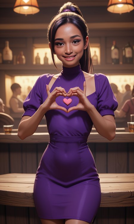 score_9, score_8_up, score_7_up, score_6_up, score_5_up, score_4_up,  slim girl in a pub  ,  fiheartcl,  making heart with hands, purple short dress  , a dark ponytail    <lora:FingerHeartPony:.8>