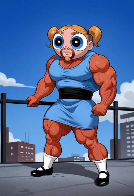 Solo, one character, 
1boy, adult, JohnFakeBubbles, hairy body, buff body, muscles, brown skin, unshaved beard, big oval-shaped mask, Bubblesmask, blonde hair in two pigtails, large eyes, sky blue eyes, small sky blue dress with a black-centered stripe, white tights, black Mary Janes shoes,