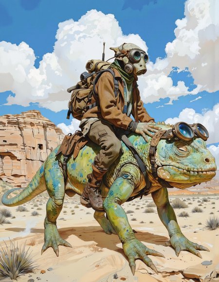 By theaicolab. A digital illustration shoot from a side camera angle about a humanoid reptilian character wearing a gas mask and goggles, riding on the back of a large, green lizard. the character is positioned in the middle of the image, with the lizard's tail visible behind them. they are wearing a brown jacket, brown pants, and a brown backpack with goggles attached to it. the lizard has a pair of goggles perched on its head, giving it a futuristic and adventurous look. the background features a desert landscape with rocky formations and a clear blue sky with fluffy white clouds. the overall color palette is vibrant and detailed, with a mix of blues, greens, and yellows, giving the image a sci-fi feel. <lora:The_AI_Colab:1>