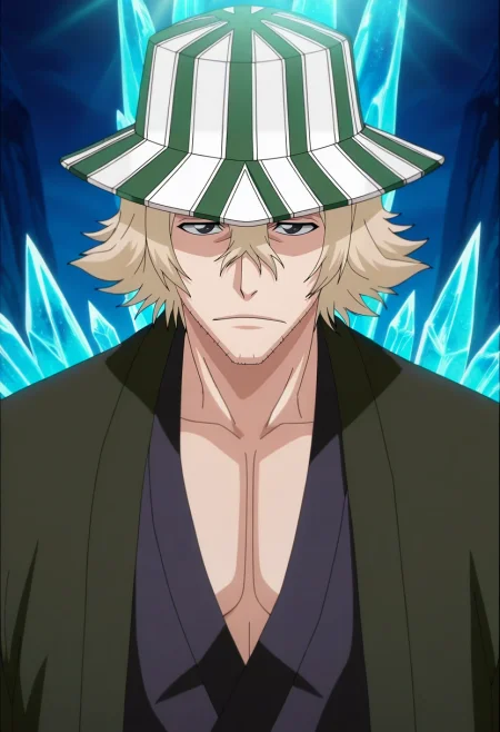 masterpiece, best quality, , anime screencap, , , , 1boy, solo, male focus, <lora:kisuke_urahara_ilxl:1>, kisuke_urahara, blonde hair, black eyes, short hair, hair between eyes, facial hair, stubble, hat, ice palace, frozen throne, crystal chandeliers, frost patterns, regal pose, dignified expression, filtered sunlight,