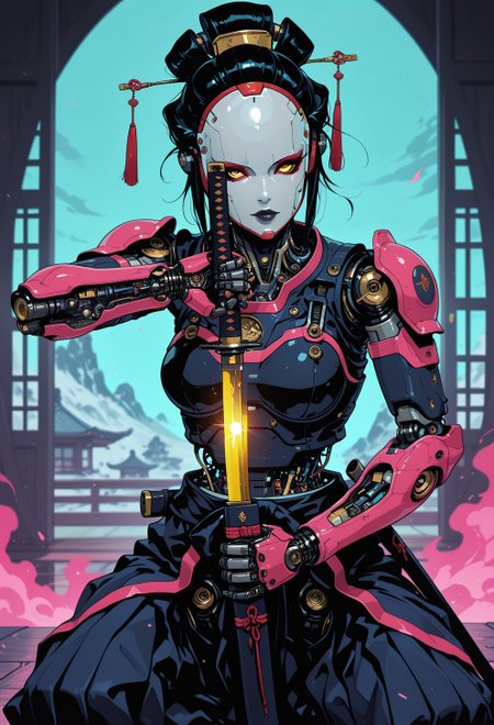 <lora:ck-nc-cyberpunk-IL-000011:0.45>,  masterpiece, best quality, good quality, very aesthetic, absurdres, newest, 8K, depth of field, focused subject, action shot, 1girl, woman Geisha is an android, looking at viewer, fierce look, the plastic cyborg mask is open, the mechanical parts of the robot are visible inside, the android is very sinister and dangerous, cross_draw, katana, sword_draw, iaido, one_hand_on_sheath, unsheathing, from the epic movie Ghost in Armor, erie japanese teahouse background
in the style of cknc, in the style of ck-rw
<lora:MoriiMee_Gothic_Niji_Style_Illustrious_r1:0.5>
<lora:ck-neon-retrowave-IL:0.55>
<lora:ck-shadow-circuit-IL:0.65>