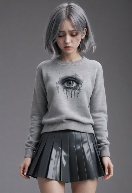 (anime art of A woman with grey skin and black eyes wearing a grey sweater and grey skirt crying out black ink, black ink tripping out of her eyes:1.3), masterpiece, 4k, best quality, anime art, dark mood,