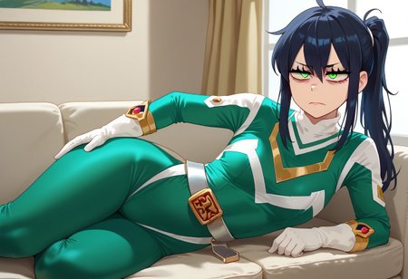 score_9, score_8_up, score_7_up, BREAK,
1girl, solo, sentaisaintforce, green bodysuit, silver belt, white gloves, spandex, m-shaped chest symbol, helmet removed, no headwear, reneegr, black hair, ponytail, sidelocks, long hair, green eyes, jitome, (bags under eyes:1.5), frown, annoyed, tired, looking at viewer, on side, hand on hip, indoors, room, sofa, Expressiveh