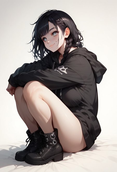 score_9, score_8_up, score_7_up, score_6_up, rating_questionable, 1girl, Sammy, SammyRH, cute face, long braided hair, black hair, grey eyes, detailed eyes, large breasts, chubby, pale skin, HD32k, oversized hoodie, hoodie, large hoodie, black hoodie, no pants, kawaii face, full body , perfect cute face, legs, wearing black boots, black punk poots, looking to viewer, no background, white background, wide shot, wearing black boots, black punk boots, sitting on ground, knees up, side view, smiling, closed mouth