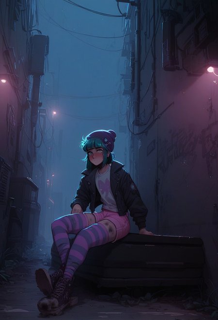score_9, score_8_up, score_7_up, score_6_up, score_5_up, 90s4n1m3, t4s14,  SilverPulse, (wide shot, dramatic lighting, volumetric lighting, alley, dark, sitting on garbage, dirty, butterfly sitting, 1femboy, beanie, teal hair, blunt bang, bob hair, blush, open jacket, blue t-shirt, striped pink shorts, pair of stockings)