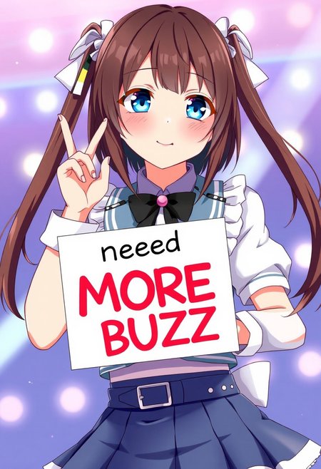 Shizuku Osaka in her idol outfit, (holding a sign that says "I need MORE BUZZ":1.5), anime style, blue eyes, dark brown hair, love live style