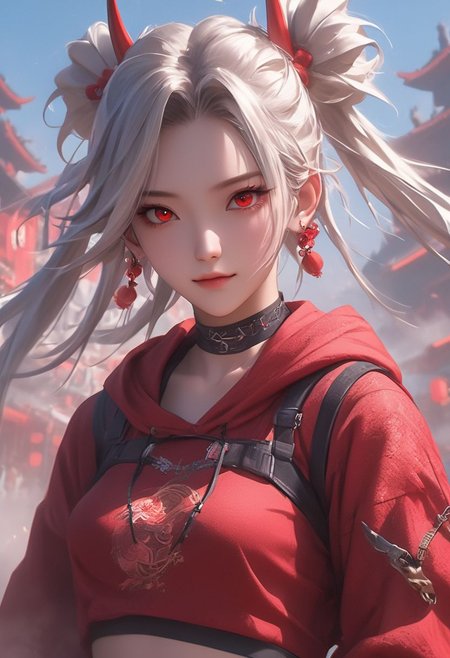 WLOP art style, Digital painting style visual effects, real humans, (Korean girl), Temari, looking at the audience, female, ((With straight one pair Oni Horns on On the forehead)), (((solo))), Innocent eyes and smile, ((((double pigtails)))) ,white hair, short hair, (fluffy very short spiky pigtails), ((abs)), ((((navel exposed)))), ((abs)), ((((navel exposed)))), black short Hoodie, red long-sleeved top, tight denim hot pants, long legs, clear face, ruby ​​red eyes, holding a gun, gun in hand, looking up, bright eyes, clarity, movie shot, (full body), complex Details, 8k post-production, faithful and colorful movies,