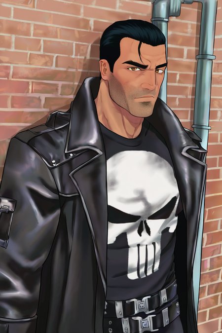 masterpiece, best quality, highres, newest, frankcastle, 1boy, solo, male focus, mature male, short hair, black hair, hair slicked back, brown eyes, thick eyebrows, facial hair, stubble, looking at viewer, muscular male, black coat, trench coat, leather, long sleeves, open coat, shirt, skull print, standing, portrait, upper body, outdoors, brick wall, industrial pipe <lora:Frank Castle - The Punisher (2005) from Video Game v1.0 BETA [LoRA] - NoobAI-XL EPS 1.0:0.8>