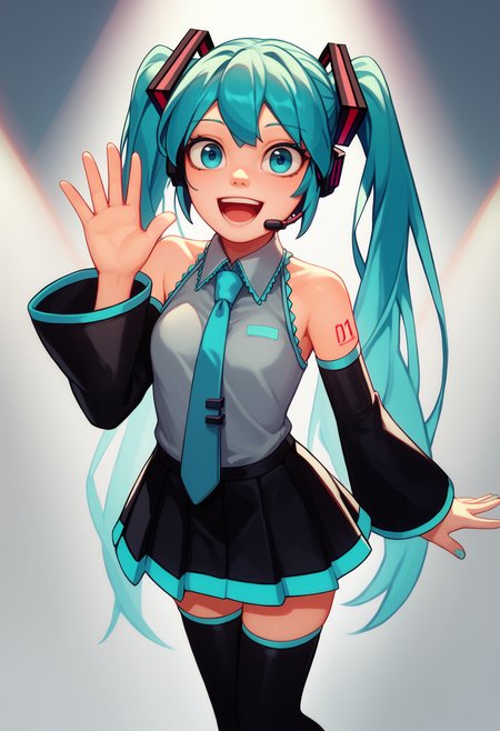 score_9, score_7_up, score_6_up, solo, 1girl, hatsune miku, happy, open mouth, looking at you, standing, waving, aqua hair, twintails, headset, aqua eyes, grey shirt, sleeveless shirt, aqua necktie, black sleeves, detached sleeves, black skirt, black thighhighs, spotlight
<segment:yolo-face_yolov8m.pt,0.4,0.5//cid=1>