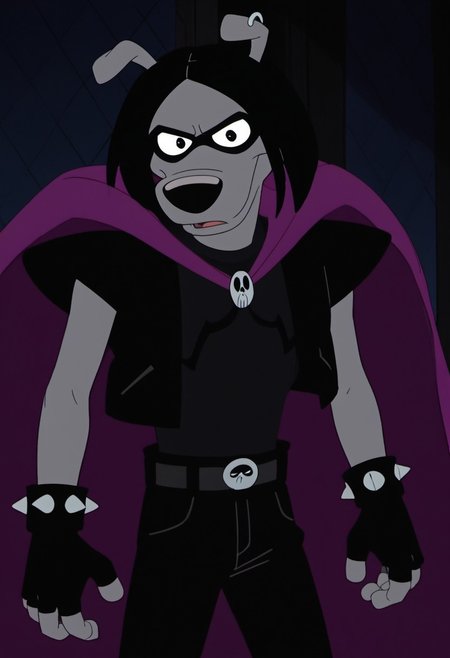 score_9, score_8_up, score_7_up, ((Masterpiece, solo, 1 boy,)) 1 boy, solo, 
BREAK
Blk4rtsBB, Disney, Black Arts Beagle Boy, Anthro Dog, cartoon dog, folded ears, grey fur, black hair, hair flip, fauxhawk, black nose, shiney nose, black eyes, black eye mask, silver earings, black boots, spiked wristbands, fingerless gloves, black top, black pants, crop-jacket, shoulder-pads