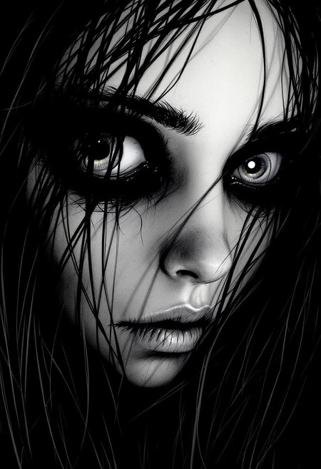 tim burton,, horror (theme), wide-eyed, 1girl, long hair