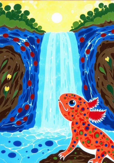 Ebru, Paper Marbling, axolotl, An axolotl gazing up at a towering waterfall<lora:Axomodel_Flux_V1.1.safetensors:0.85:0.85> <lora:Marbled_Magic_Paper_Marbling_FLUX_V1.safetensors:1:1>
