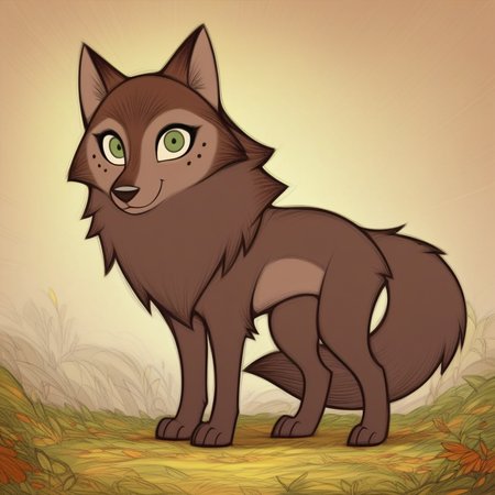 score_9, score_8_up, score_7_up, score_6_up, score_5_up, score_4_up,  zPDXL3, WolfWalkers_Studio_Saloon_Style, feral, full body, green eyes, solo, paws, brown fur, side view, female, MebhÓgMacTíre, wolf, feral wolf, , cute, standing, looking at you, happy, adorable, masterpiece, beautiful, cute, female, high res, tail <lora:detailed_notrigger:1> <lora:wolfwalkers_studio_saloon_style:1>