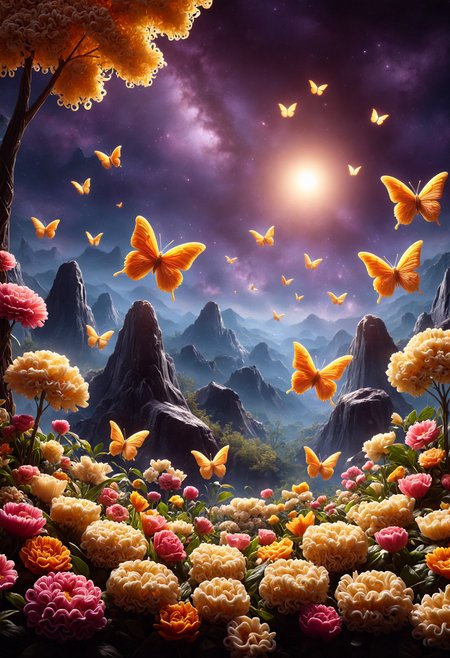 spring landscape, flowers, nature, butterflies, night sky, starry sky, moon, moon light, vivid colors, masterpiece, hyperdetailed, made out of instant noodles, <lora:PinkieNdlsSDXL:1>, p1nkn00dles, <lora:aidma-Image UpgraderXL-v0.1:0.8>, detailemaximizer, realistic,