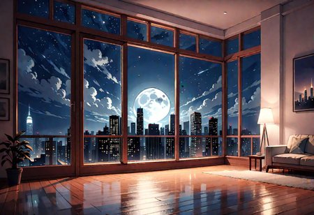 ((((front view)))), Shallow scene, ((animation style)), (((City high-rise building scenery))), ((((City scenery outside the window)))), ((sense of mystery)), (night), starry sky, moonlight, (weak light), (Facing the window), (open window), modern-style interior, Wooden floor, with white walls, (large windows), ((((sofa and coffee table by the window sill)))), carpet, a living room, (((Sofa placed horizontally))), (Behind the sofa is the window sill),
