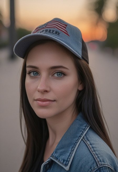 30yo woman holding an American flag.
Blue eyes. perfecteyes 
Wearing Denim jacket trucker hat. 
Long dark black slick back hair. No makeup. Dusk, Street light. Looking at camera POV. Slight smile, tilting head.. Tilt head.
Medium Close Up shot. Bokeh. Bokeh light.