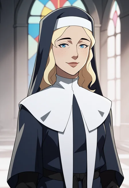 score_9, score_8_up, score_7_up, BREAK,
1girl, blonde hair, blue eyes,  long hair, nun, boots, dress, hat, robe,
upper body, warm smile, looking at viewer, solo, standing, church background    <lora:VoxMachinaV2XLLocon_byKonan:1>