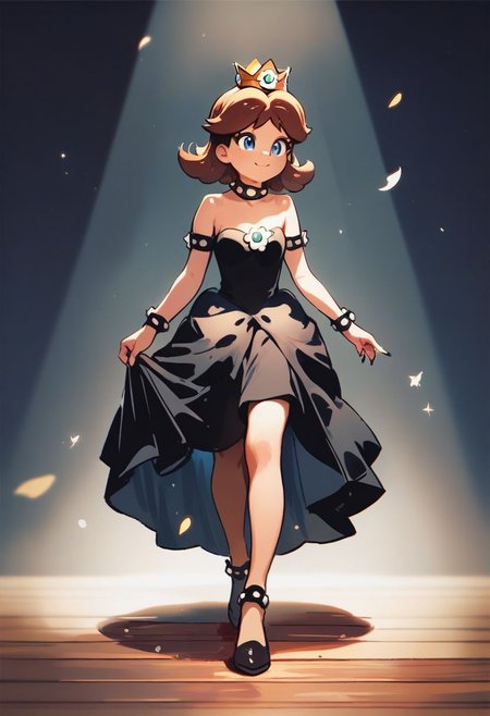 score_9, score_8_up, score_7_up, score_6_up, best quality, highres, source_anime, (cute doodle), solo, black backgruond, light, (Princess daisy), young, black short, black dress, stage, fashion day, catwalk, walking, elegant, (bowsette dress)