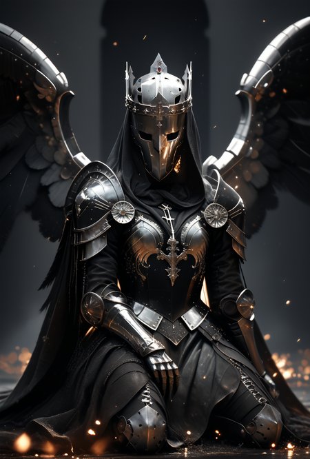 (score_9, score_8_up), score_7_up, 1girl, Highly detailed RAW color Photo, dress, crown, helmet, kneeling, full body, greyscale, indoors, cape, armor, helmet, shoulder armor, gauntlets, pauldrons, mask, dark, hood, full armor, helm, wings, covered eyes, feathered wings, simple background, grey background, gorgeous details, depth perception, backlighting, photorealistic, robot, helm, breathtaking scenery, shiny metallic texture, perfectly rendered reflections,
dark lighting, dof, depth of field, realistic, dark background, CINE, embers,
<lora:unholy-000009:0.8> <lora:CINE-000008:0.4><lora:- SDXL - vanta-black_contrast_V3.0:0.7>
<lora:sinfully_stylish_SDKL:0.5>  <lora:GwentStyle_v2:0.4>  <lora:xl_more_art-full_v1:0.4>