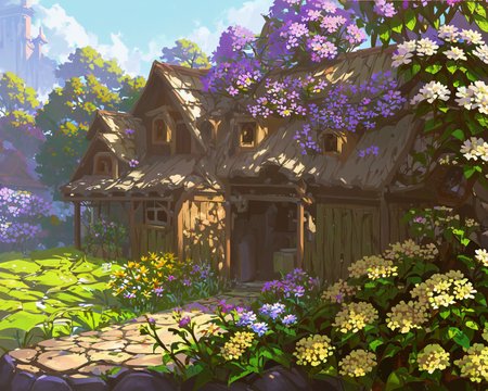artist_name, brick_wall, building, bush, daisy, day, door, fence, field, flower, flower_field, forest, garden, grass, house, hydrangea, nature, no_humans, outdoors, path, pavement, pink_flower, plant, potted_plant, purple_flower, road, scenery, sunflower, traditional_media, tree, tree_stump, tulip, watering_can, wooden_fence, yellow_flower <lora:ConceptScene_B:1>