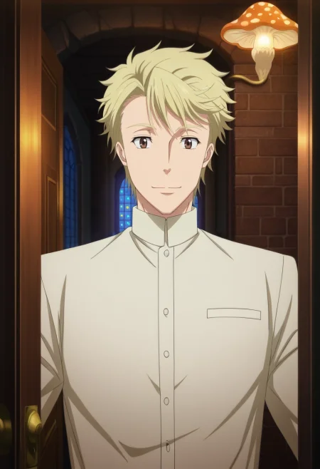 masterpiece, best quality, intricate details, anime screencap, , official style, looking at viewer, 1boy, solo, male focus, <lora:john_h_watson_ilxl:0.9>, john_h_watson, blonde hair, brown eyes, short hair, , fairy inn, mushroom lights, glittering doorways, magical food, hosting pose, welcoming expression, warm glow,