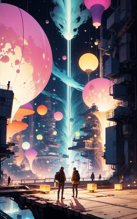 some people doing something at some place, <lora:Cosmic anime-oil fusion v2:1>