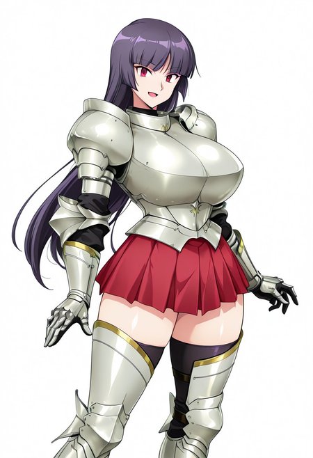 score_9,score_8_up,score_7_up,source_anime,5_figner,2d_animation,game cg,BREKE,1girl,solo,
zzSabrina, red eyes, long hair, blunt bangs, sabrina pokemon, purple hair, black hair, 
armor,gauntlets,breastplate,greaves,armored boots,zettai ryouik,black thighhighs,pleated skirt,red skirt,knight,
smile,openmouth,cowboyshot,standing,
huge breasts,thick hips,thick thighs,thick waist,disproportionate breasts,
curves,glamour,
simple background,white background,
masterpiece,best qualit,ultra-detailed,illustration,an extremely delicate and beautiful,beautiful detailed eyes,unity 8k wallpaper,high resolution,anime CG,official_art,Erotic_style, uncensored, anime_coloring, anime_screencap,