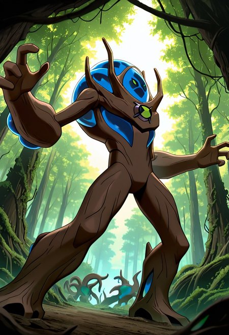 masterpiece, best quality, amazing quality, very aesthetic, absurdres, newest,
,ultswam, standing, pokemon (creature), solo, green eyes, monster, brown skin, alien, massive arms, no humans, 
overgrown forest, brown forest, dead forest, tentacle attack, brown tentacles, wooden tentacles, from below, foreground blur, background blur