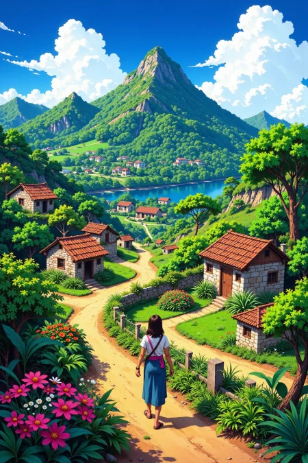 mayan village beautiful  landscape, morning, woman, very intricate, very detailed, sharp, bright, colorful, <lora:Hand v2:0.5> <lora:Anti-Blur:1><lora:Insane Detail Slider:0.25>  <lora:flux.1_lora_flyway_Epic-detail_v2:0.3> <lora:fluxenhancer:0.25> <lora:ROWER:0.8>   <lora:80sAnime:0.6> 80sanime
