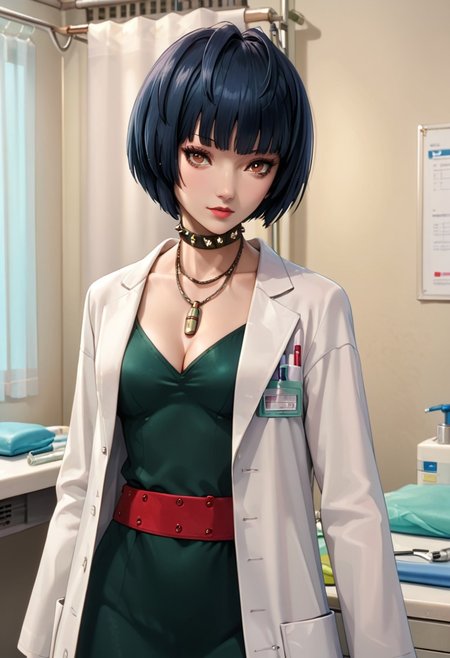 score_9, score_8_up, score_7_up, source_anime, 4n1v3rs3, (masterpiece, Highest quality:1.4), (beautiful, perfection, delicate, Complex:1.2), (cute, Fascinating), (Depth of written border:1.2), Realistic Face:1.2, 
1 girl, 30 years old, mature female,
p5tae, tae takemi, short hair, bob cut, bangs, labcoat, necklace, choker, studded collar, short dress, dark green dress, cleavage, red belt, gladiator sandals, platform footwear,
Hospital, examination room, examination table, standing, view from front. cowboy shot,