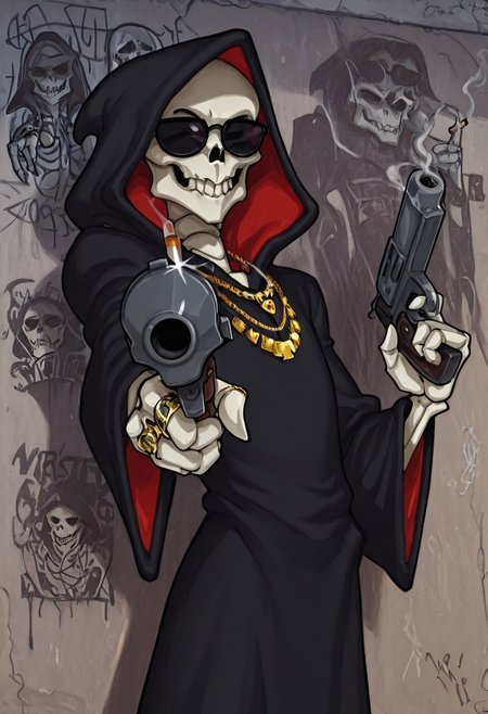 Masterpiece, best quality, highly detailed, Gr1m, RPR, 1boy, Grim reaper, skeleton, skull, hooded robe, solo, pointing gun at viewer, bling, gold diamond necklace, diamond rings, sunglasses, smoking a cigarette, ghetto background, graffiti on walls, 